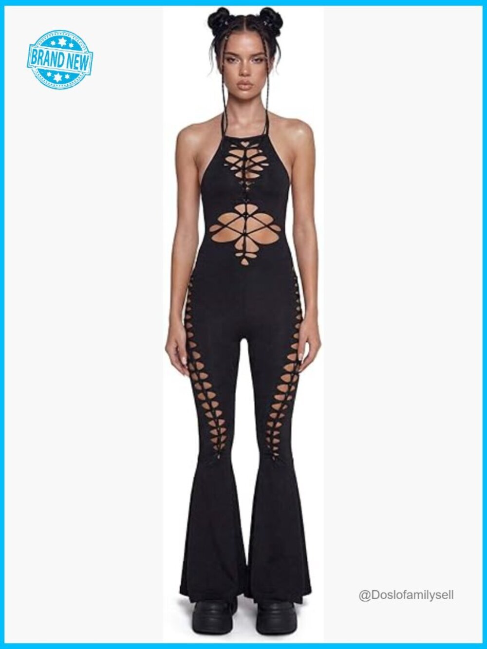 Cut Out Jumpsuit Halter Neck Flared Legs Shredded Y2K Festival Statement Piece